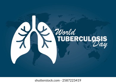 Vector illustration of World Tuberculosis Day, with a lung icon and a world map silhouette in the background.