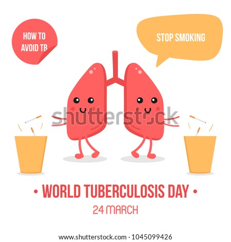 Vector illustration for world tuberculosis day with lungs characters, throwing away cigarretes and asking to stop smoking.
