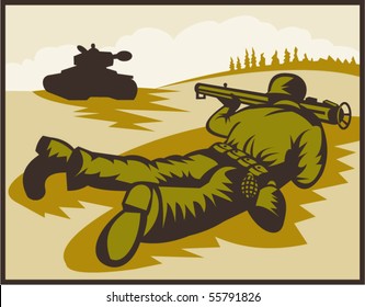vector  illustration of a World two soldier aiming bazooka at battle tank.
