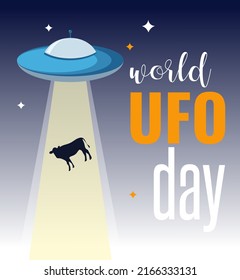 Vector illustration for World UFO day depicting flying saucer, cow abduction and World UFO day lettering that can be used as a poster.