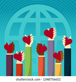 Vector illustration with world volunteers. Hands holding red hearts on a blue globe background. Flat style. Colorful vector illustration for posters, icons, greeting cards, labels, print and web 