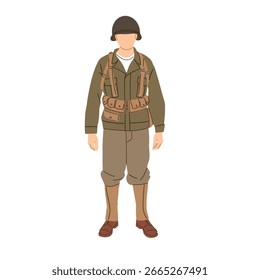 Vektorgrafik eines Soldaten aus dem Zweiten Weltkrieg, der eine grüne Militäruniform, einen Helm und einen Zahnriemen trägt. Geeignet für Geschichte, Armee, Krieg und militärische Themen.