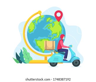 Vector illustration World wide delivery concept. Vector illustration of a world globe, A courier with scooter. Courier deliver packages safely during a pandemic. Vector illustration in a flat style
