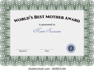 Vector illustration of World's Best Mom Award. Complex design. Printer friendly. Detailed Green Color

