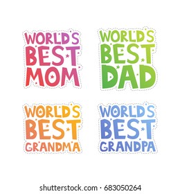 Vector Illustration Of World's Best Mom, Dad, Grandma, And Grandpa Colorful Stickers Cut-out.