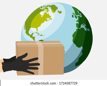 Vector Illustration der weltweiten Frachtlieferung, Packbox, Weltkarte. Sichere Auslieferung in einer globalen Koronavirus-Epidemie