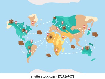 Vector illustration of worldwide delivery of goods and global commerce. Boxes with goods on the background of the world map and conceptually their delivery from one city to another