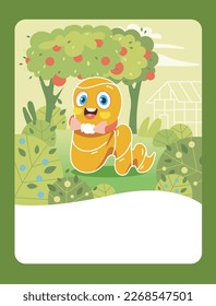 Vector illustration of a worm in cartoon style in the garden. It can be used as a playing card, learning material for kids.