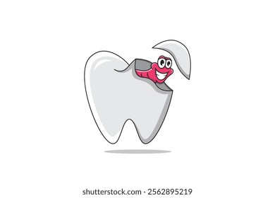 vector illustration of a worm coming out of a tooth with a cavity in cartoon style, cicik for children's dentist illustration