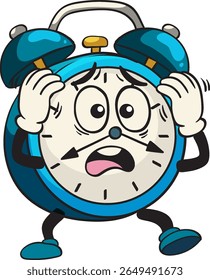 Vector illustration of a worried alarm clock character with expressive eyes and hands on its head