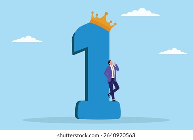 Vector illustration of a worried businessman standing beneath a first place award and crown, symbolizing the pressure and anxiety of achieving top success
