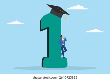 Vector illustration of a worried businessman standing under a first place award and graduation cap, symbolizing the pressure and anxiety tied to academic and career success
