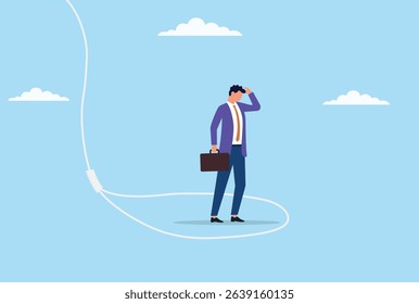 Vector illustration of a worried businessman trapped and trying to find a way out, symbolizing anxiety, uncertainty, and the fight to overcome business or personal challenges
