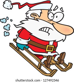 A vector illustration of worried cartoon Santa sliding down the hill on a sled