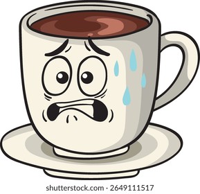 Vector illustration of a worried coffee cup with expressive eyes and sweat drops, using bold lines and muted colors