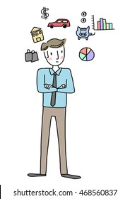 vector illustration - worried man thinking about his financial and saving plan. Set of graph, chart, piggy bank, dollar sign, home loan icons included.