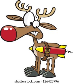 Vector illustration of worried reindeer with rocket strapped to his body