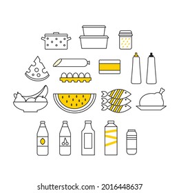 Vector illustration woth different food icons isolated on white background.