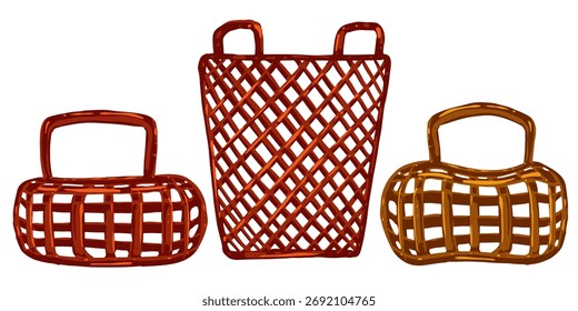 Ilustración vectorial de cestas de picnic tejidas. Conjunto de almacenamiento de mimbre dibujado a mano aislado sobre fondo blanco.