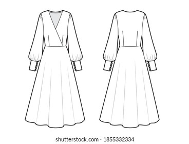 Vector Illustration Of Wrap Dress. Front And Back. Women's Clothes