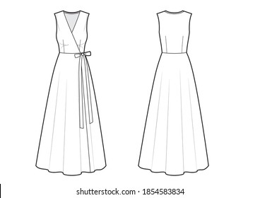 Vector illustration of wrap maxi sleeveless dress. Front and back. Women's clothes.