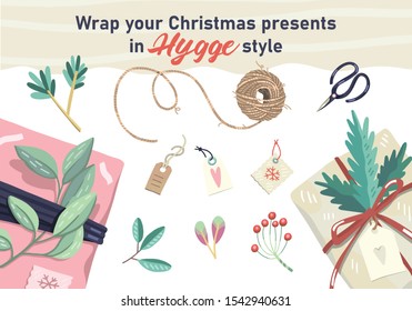 Vector illustration of wrapping christmas presents in hygge vintage style. Decorated with plants, ribbons and recycled wrapping paper. Scissors, leaves, branches, labels, twine rope. Pastel colors. 
