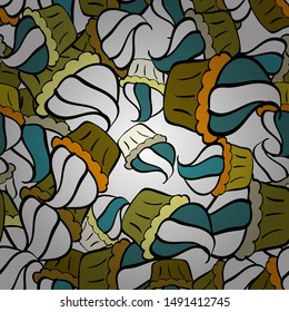 Vector illustration. Wrapping paper. Cupcake seamless pattern. Sweets background design. Cute birthday background on brown, black and white.