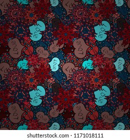 Vector illustration. Wrapping paper. Flat background for design. Hearts seamless pattern. Baby background with colorful hearts. Valentine':s day. Sketch heart elements on blue, brown and pink colors.