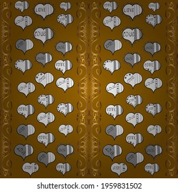 Vector illustration. Wrapping paper. Flat background for design. Sketch heart elements on gray, white and brown colors. Hearts seamless pattern. Baby background with colorful hearts. Valentine':s day.