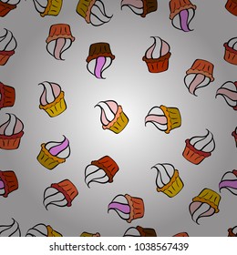 Vector illustration. Wrapping paper. For food poster design on white, orange and black. Seamless with cupcakes.