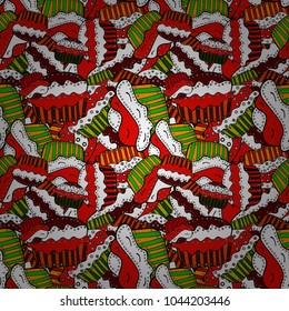 Vector illustration. Wrapping paper. Nice birthday background on red, white and black. Seamless pattern with cakes.