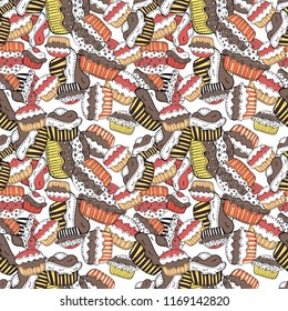 Vector illustration. Wrapping paper. Nice birthday background on white, brown and black. Seamless pattern with cakes.