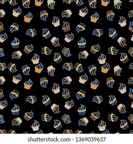 Vector illustration. Wrapping paper. Seamless with cupcake on black, gray and white Background. For food poster design.