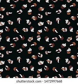 Vector illustration. Wrapping paper. Seamless pattern of cupcakes on a black, white and brown background.