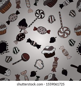 Vector illustration. Wrapping paper. Seamless with cupcake on brown, neutral and black Background. For food poster design.