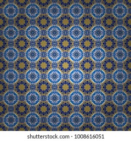 Vector illustration. Wrapping and scrapbook paper. Mandala seamless pattern. Ethnic bohemian background in violet, yellow and blue colors. Indian, Arabic, Islamic, Japanese motifs. Print for fabric.