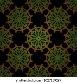 Vector illustration. Wrapping and scrapbook paper. Indian, Arabic, Islamic, Japanese motifs. Ethnic bohemian background in green, brown and black colors. Print for fabric. Mandala seamless pattern.