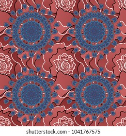 Vector illustration. Wrapping and scrapbook paper. Mandala seamless pattern. Indian, Arabic, Islamic, Japanese motifs. Print for fabric. Ethnic bohemian background in pink, violet and red colors.