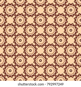Vector illustration. Wrapping and scrapbook paper. Ethnic bohemian background in beige, brown and red colors. Print for fabric. Indian, Arabic, Islamic, Japanese motifs. Mandala seamless pattern.