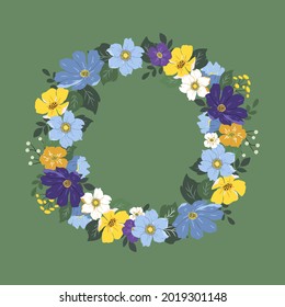 ilustración vectorial de una corona de hermosas flores pradera. tarjeta de felicitación para las vacaciones. ilustración de tendencia plana para sitios web, aplicaciones. pegatina