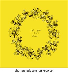 Vector Illustration of wreath with bees and flowers on yellow background