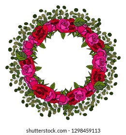 Vector illustration of a wreath of buds and leaves of roses, decorated with herbs.