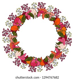 Vector illustration of a wreath of callas flowers, decorated with herbs.
