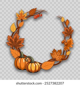 vector illustration wreath from crop, pumpkins, apples, berries, acorns and autumn leaves, card, circle frame. autumn bright background for thanksgiving, greeting, invitation, poster, banner. isolated