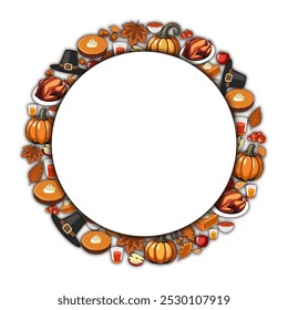 vector illustration wreath from crop, pumpkins, turkey, apples, berries, acorns and autumn leaves, card, circle frame. autumn bright background for thanksgiving, greeting, invitation, poster, banner.