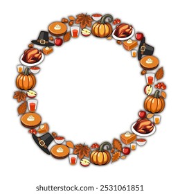 vector illustration wreath from crop, pumpkins, turkey, apples, berries, acorns and autumn leaves, card, circle frame. autumn bright background for thanksgiving, greeting, invitation, poster, banner.