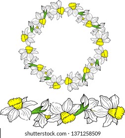 vector illustration of a wreath of daffodils hand drawing
