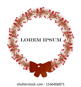 Vector illustration of wreath of dry branches and berries, bow. As template of postcard, greeting card, banner, poster. For autumn festival.