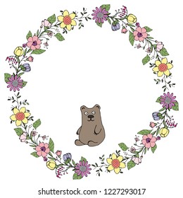 Vector illustration. Wreath of flowers and green leaves with a bear. Holiday. The isolated image on a white background.