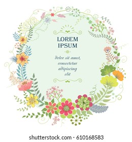 Vector illustration of a wreath with flowers and leaves. Invitation card for wedding, birthday, party and different holidays.